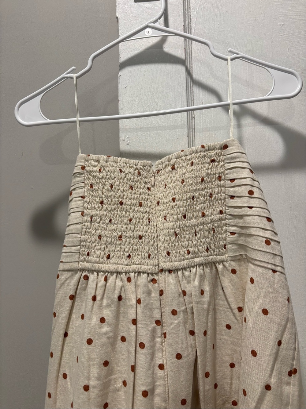Abercrombie & Fitch Strapless Cream Midi Dress with Brown Polka Dots - Picture 3 of 6